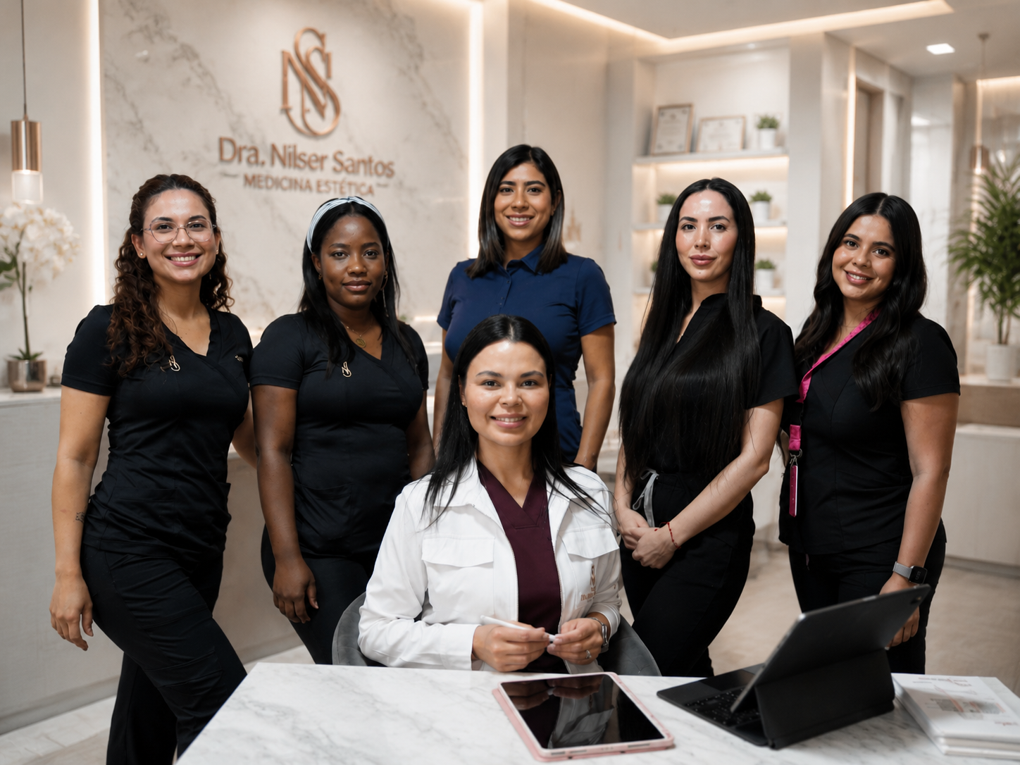Equipo completo de la clínica junto a la Dra. Nilser Santos